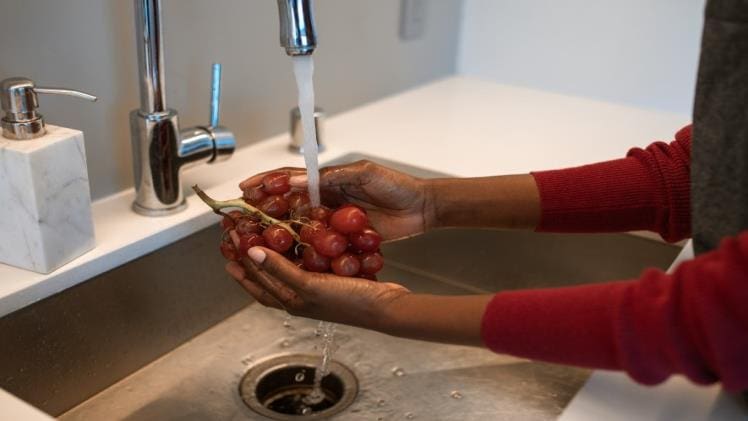 A person washing grapes in a kitchen sink